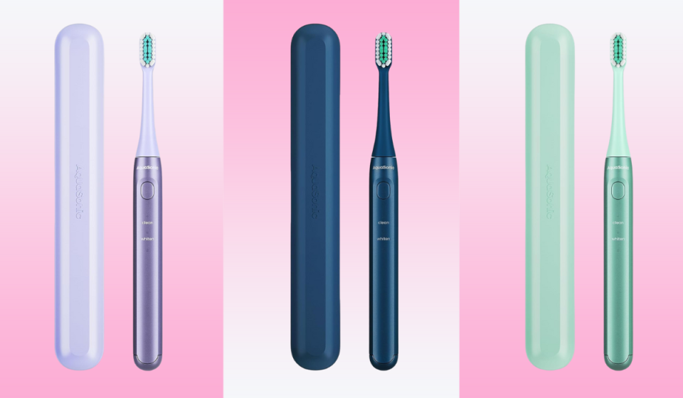 Aquasonic Icon toothbrush and case in lavender, navy blue and mint