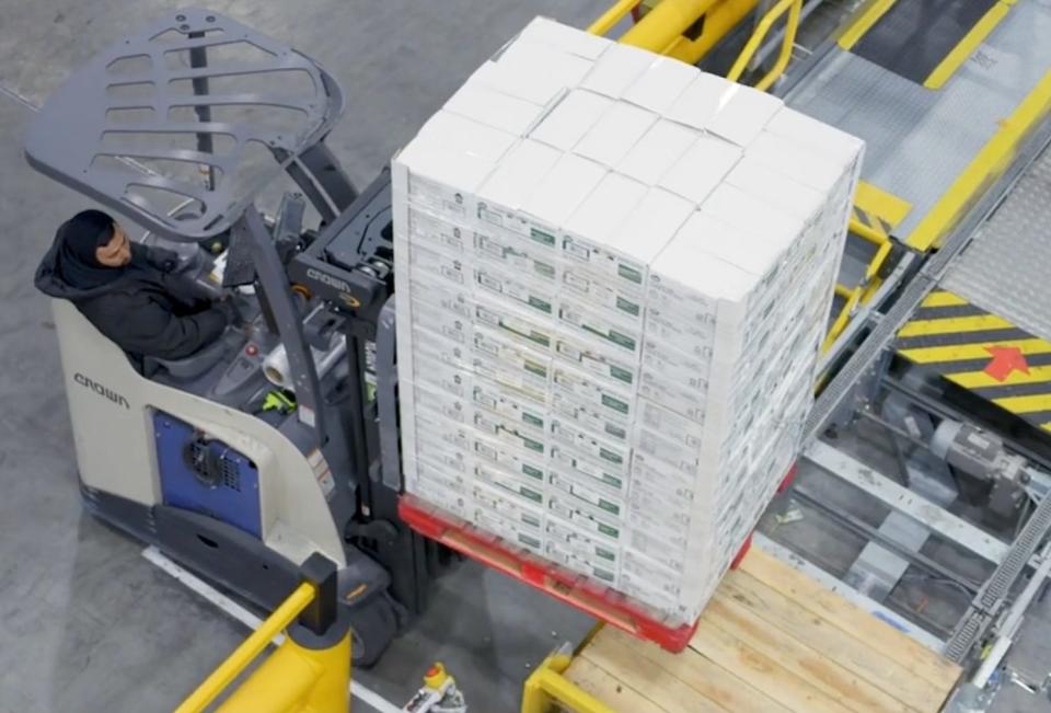 A forklift with a pallet at a Walmart automated distribution center