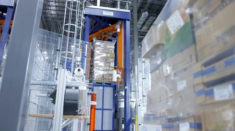 A pallet being wrapped at a Walmart automated distribution center