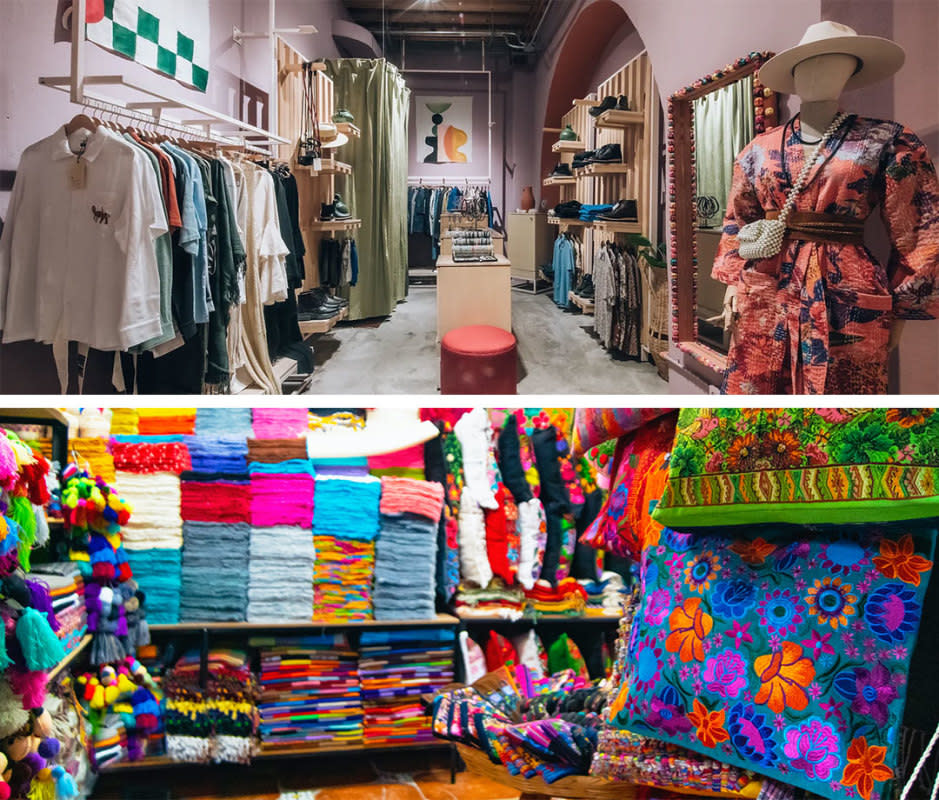 Doce 18 (top) offers a wide variety of fashion items, home decor pieces, and silver jewelry. The city's ubiquitous colorful textiles are another popular keepsake. 