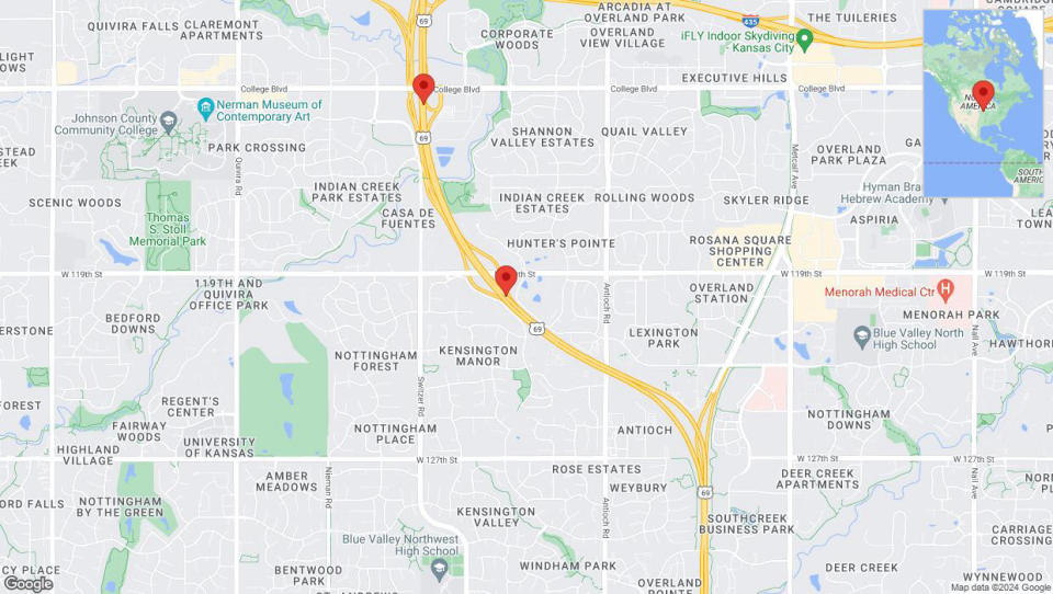 A detailed map that shows the affected road due to 'Traffic alert issued due to heavy rain conditions on northbound US-69 in Overland Park' on July 10th at 10:29 p.m.