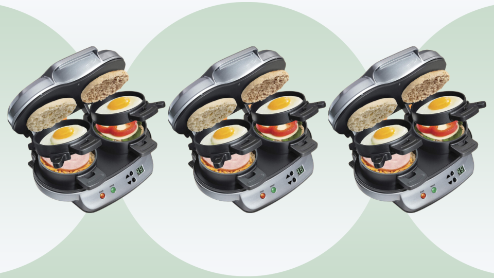 three dual breakfast sandwich makers on a green and white background