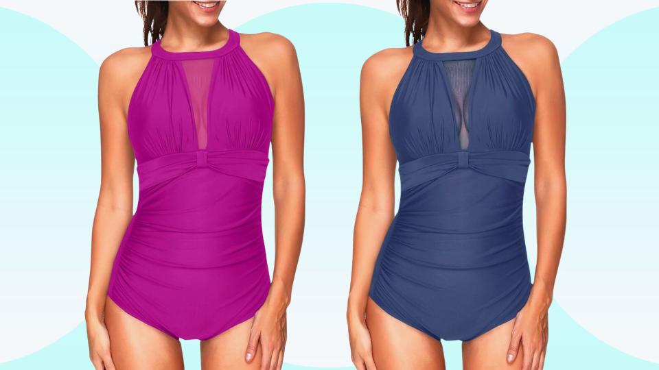 woman wearing one-piece mesh-top halter swimsuit in bright magenta and dusky blue