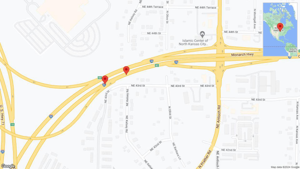 A detailed map that shows the affected road due to 'Broken down vehicle on northbound I-35 North in Kansas City' on July 13th at 2:20 p.m.