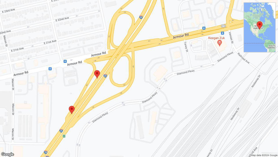 A detailed map that shows the affected road due to 'Broken down vehicle on southbound I-29/I-35 in North Kansas City' on July 13th at 3:14 p.m.