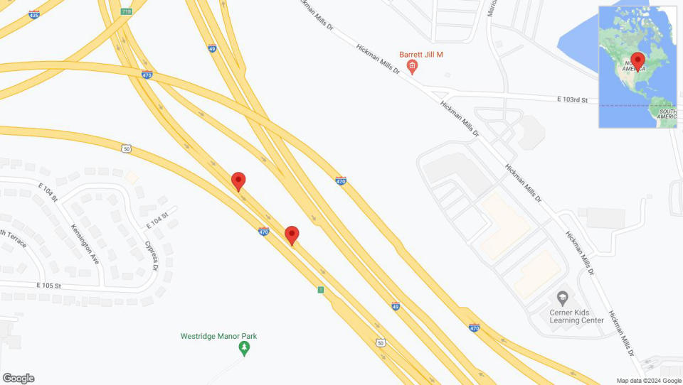 A detailed map that shows the affected road due to 'Broken down vehicle on East 104 Street in Kansas City' on July 13th at 5:24 p.m.