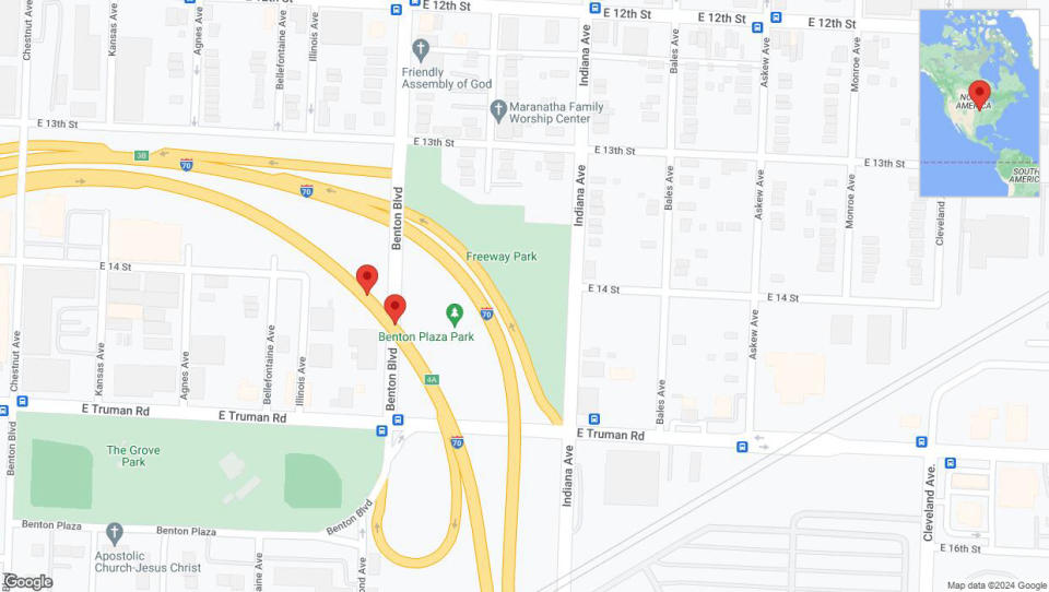 A detailed map that shows the affected road due to 'Crash reported on eastbound I-70 in Kansas City' on July 13th at 10:39 p.m.