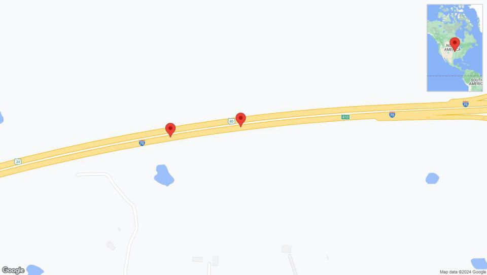 A detailed map that shows the affected road due to 'Broken down vehicle on eastbound I-70 in Edwardsville' on July 13th at 2:50 p.m.