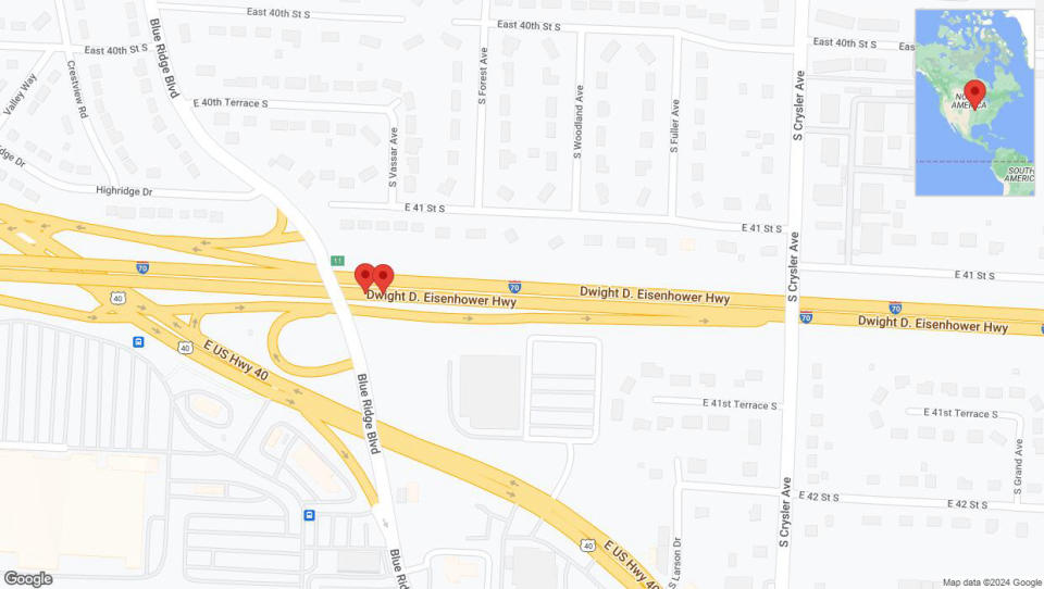 A detailed map that shows the affected road due to 'Broken down vehicle on eastbound I-70 in Independence' on July 13th at 12:46 p.m.