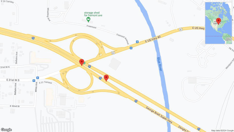 A detailed map that shows the affected road due to 'Broken down vehicle on eastbound I-70 in Kansas City' on July 13th at 3:14 p.m.