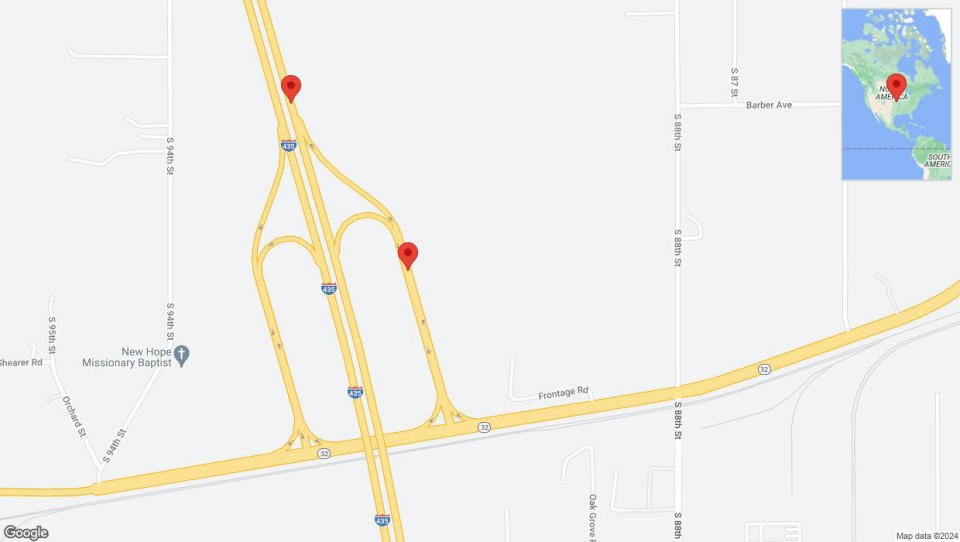 A detailed map that shows the affected road due to 'Broken down vehicle on Kaw Drive Frontage Road in Kansas City' on July 13th at 4:08 p.m.