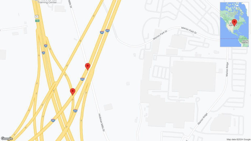 A detailed map that shows the affected road due to 'Crash reported on southbound I-435 in Kansas City' on July 13th at 12:40 p.m.