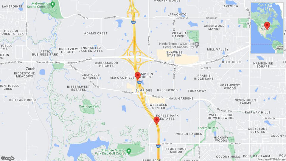 A detailed map that shows the affected road due to 'Lane on I-435 closed in Shawnee' on July 13th at 9:15 p.m.