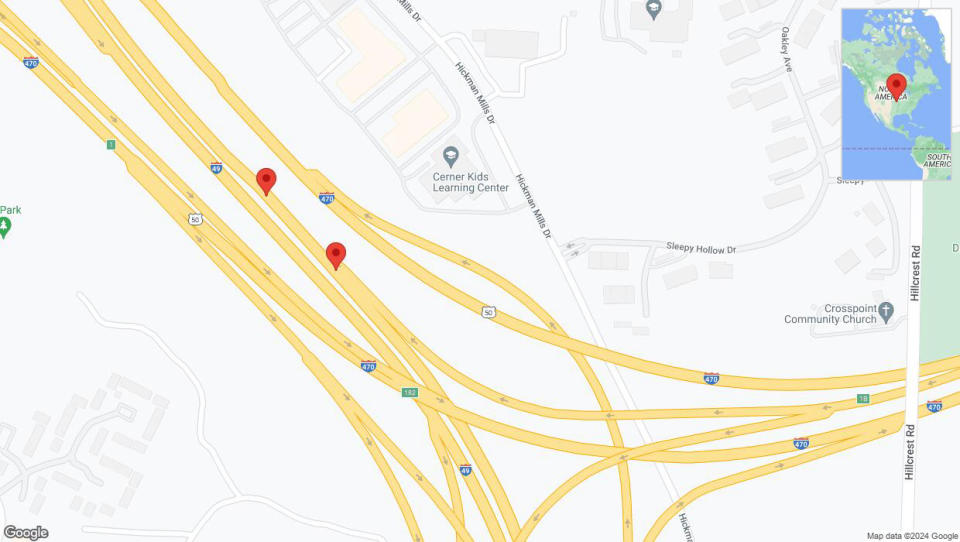 A detailed map that shows the affected road due to 'Broken down vehicle on northbound I-40/US-71 in Kansas City' on July 13th at 4:31 p.m.