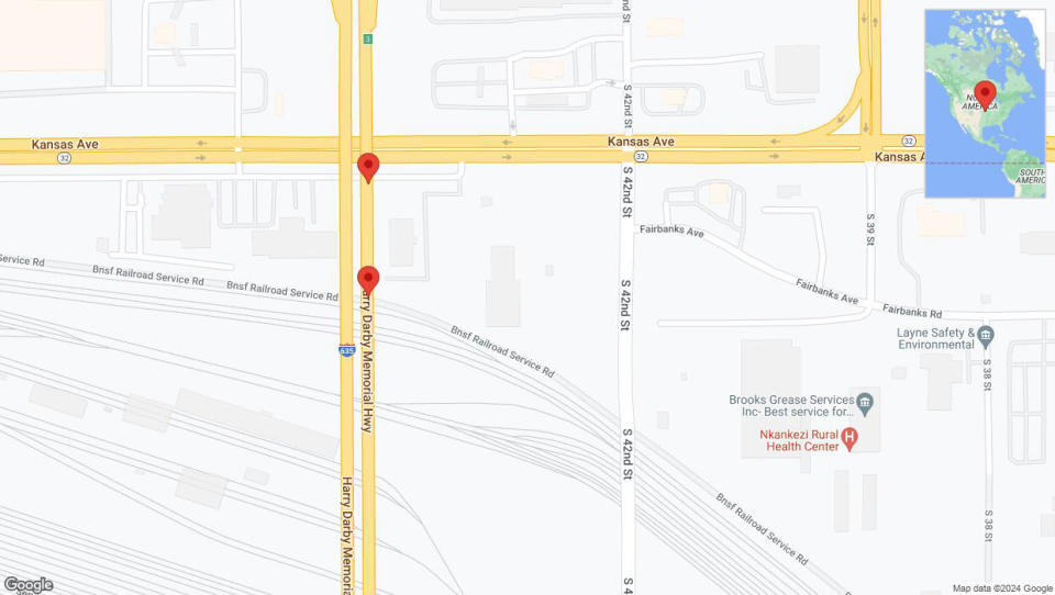 A detailed map that shows the affected road due to 'Broken down vehicle on northbound I-635 in Kansas City' on July 13th at 1:56 p.m.