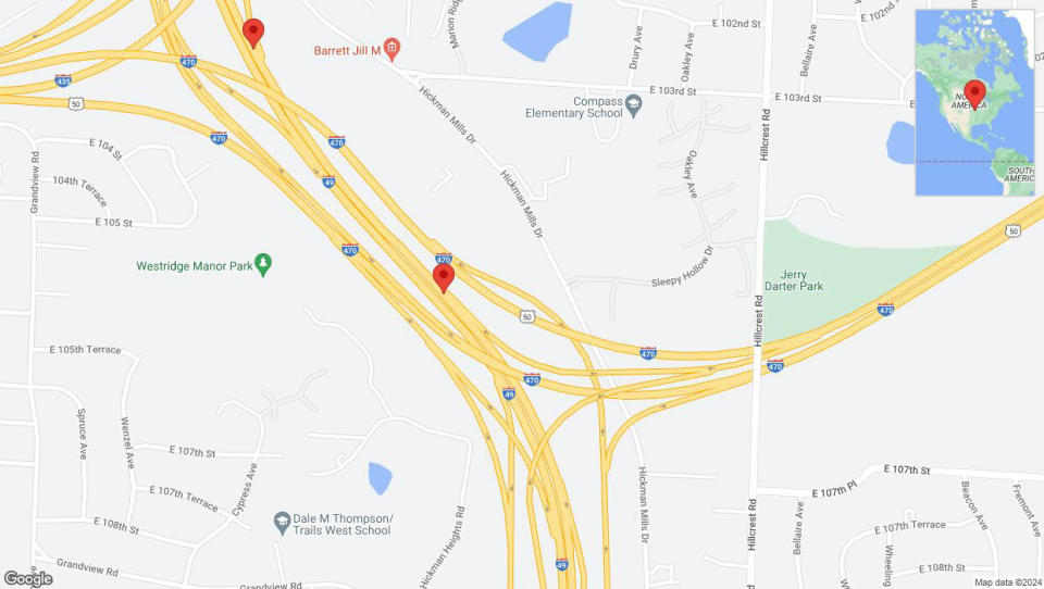 A detailed map that shows the affected road due to 'Broken down vehicle on northbound I-40/US-71 in Kansas City' on July 13th at 4:20 p.m.