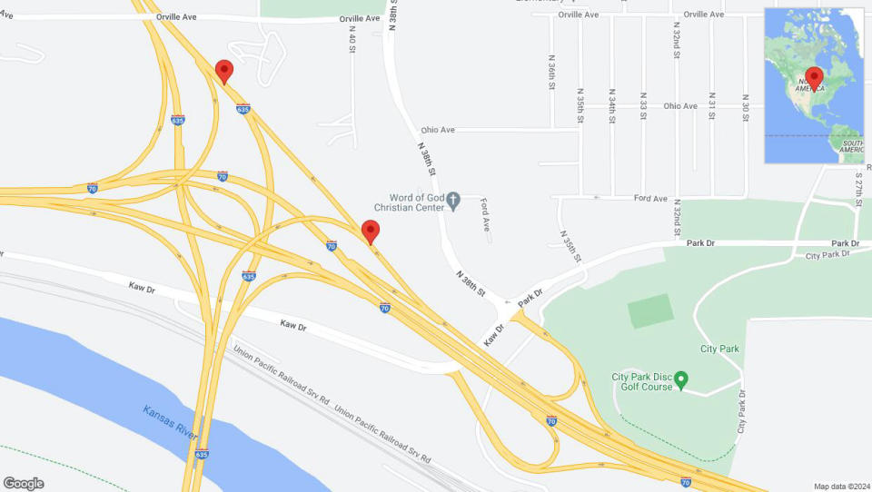 A detailed map that shows the affected road due to 'Kansas City: Road temporarily closed' on July 13th at 10:39 p.m.