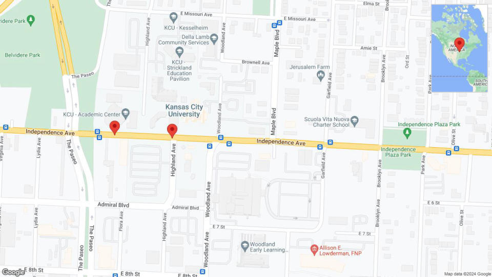 A detailed map that shows the affected road due to 'Independence Avenue/US-24 temporarily closed in Kansas City' on July 13th at 4:49 p.m.