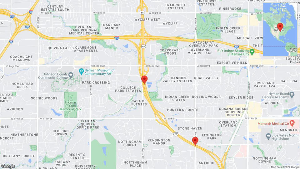 A detailed map that shows the affected road due to 'Lane on US-69 closed in Overland Park' on July 13th at 11:15 p.m.