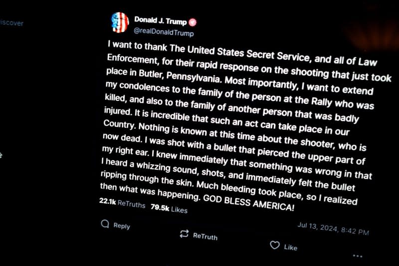 A general view of a statement on Donald Trump's official X account after being struck by gunfire during his Presidential Election campaign rally in Butler Pennsylvania. Taidgh Barron/ZUMA Press Wire/dpa