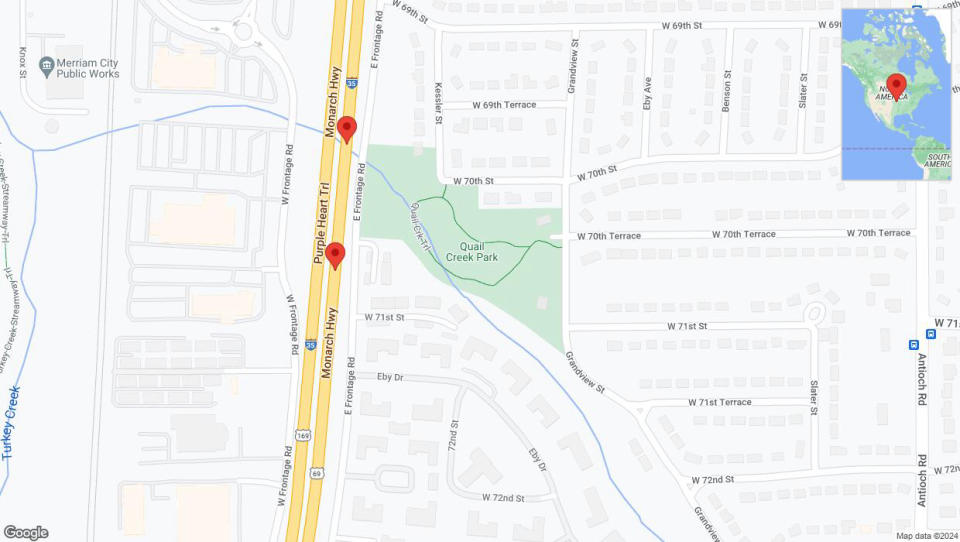 A detailed map that shows the affected road due to 'Broken down vehicle on eastbound I-35 in Merriam' on July 15th at 3:03 p.m.