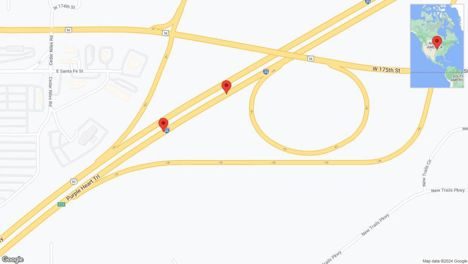 A detailed map that shows the affected road due to 'Broken down vehicle on northbound I-35 in Gardner' on July 15th at 3:09 p.m.