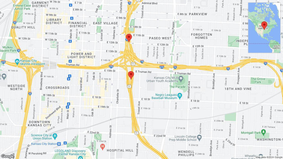 A detailed map that shows the affected road due to 'US-71: bridge closed from 22nd Street to I-70/I-670' on July 15th at 9:27 p.m.