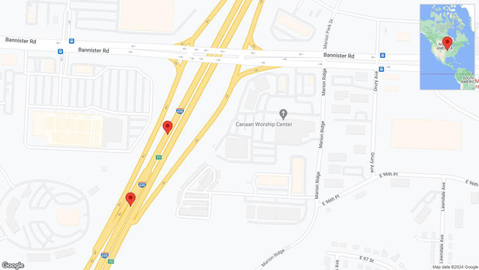 A detailed map that shows the affected road due to 'Warning: Crash on southbound I-435 in Kansas City' on July 15th at 11:09 p.m.