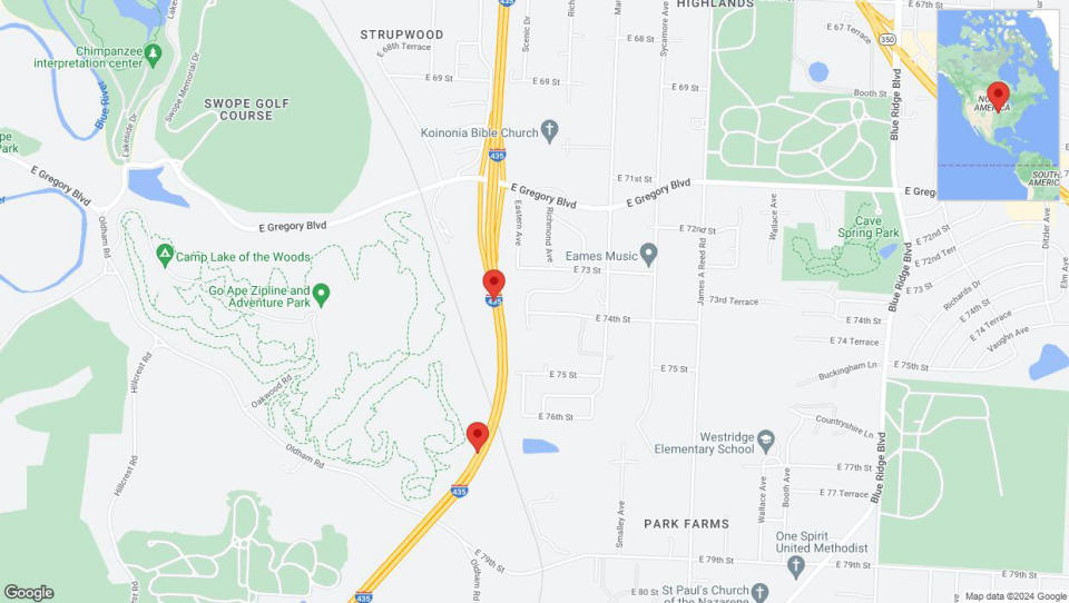 A detailed map that shows the affected road due to 'Broken down vehicle on southbound I-435 in Kansas City' on July 15th at 4:45 p.m.