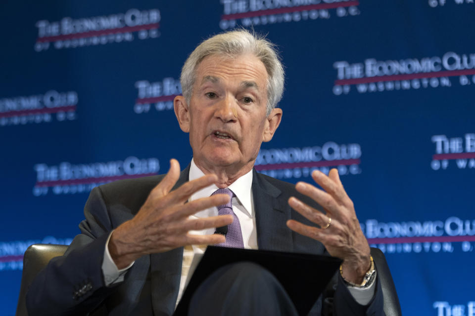 Federal Reserve Chair Jerome Powell participates in a conversation with Economic Club of Washington, DC, Monday, July 15, 2024, in Washington. (AP Photo/Manuel Balce Ceneta)