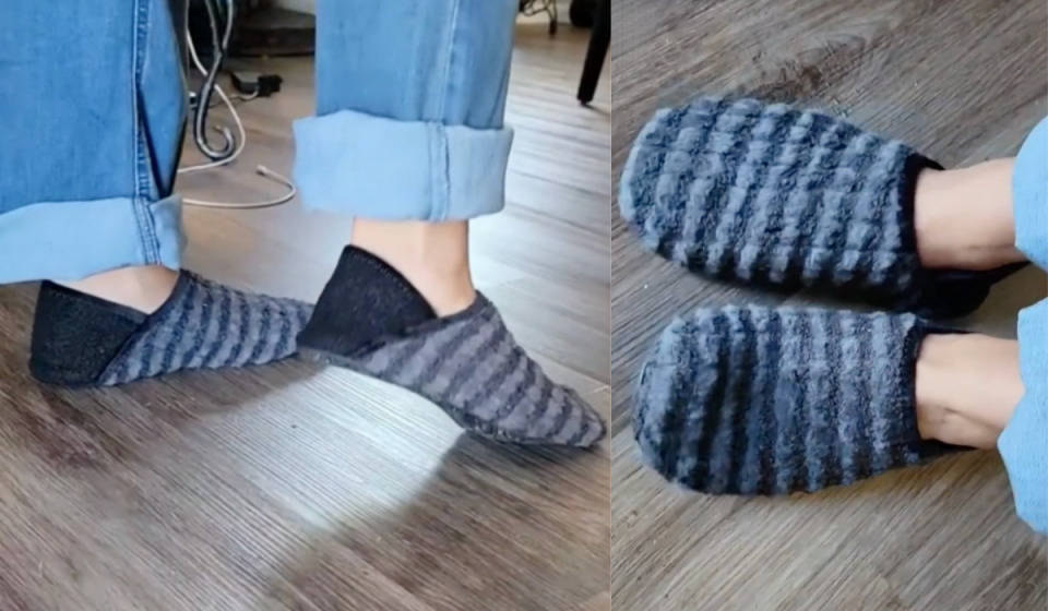 woman wearing gray striped slippers with black heels, two views (from behind and from above)