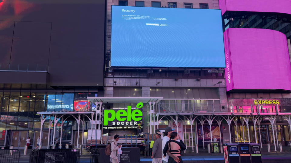 NEW YORK, US - JULY 19: Digital boards are seen due to the global communications outage caused by CrowdStrike, which provides cyber security services to US technology company Microsoft, it was observed that some digital billboards in Times Square in New York City, United States, displayed a blue screen and some screens went completely black on July on 19, 2024. (Photo by Selcuk Acar/Anadolu via Getty Images)