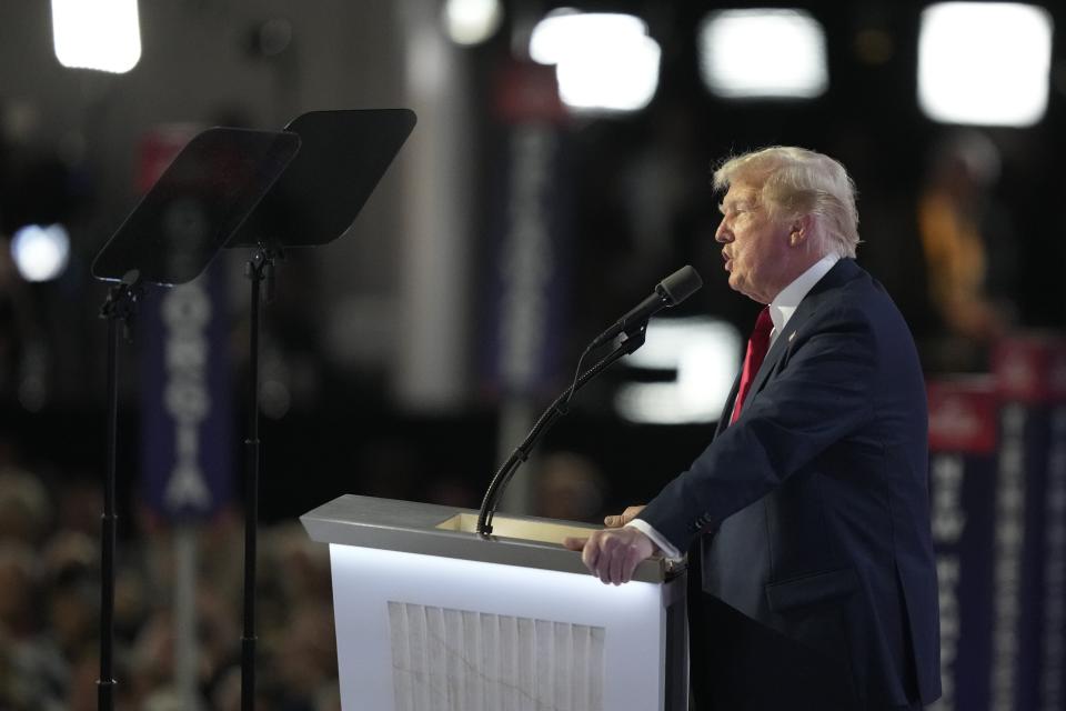 Republican presidential candidate former President Donald Trump speaks during the Republican National Convention Thursday, July 18, 2024, in Milwaukee. (AP Photo/Charles Rex Arbogast)