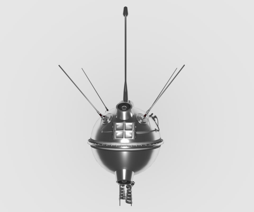 A chrome sphere with a notch at the bottom and four antena stickout outward up top, and one antena sitcking straight up.