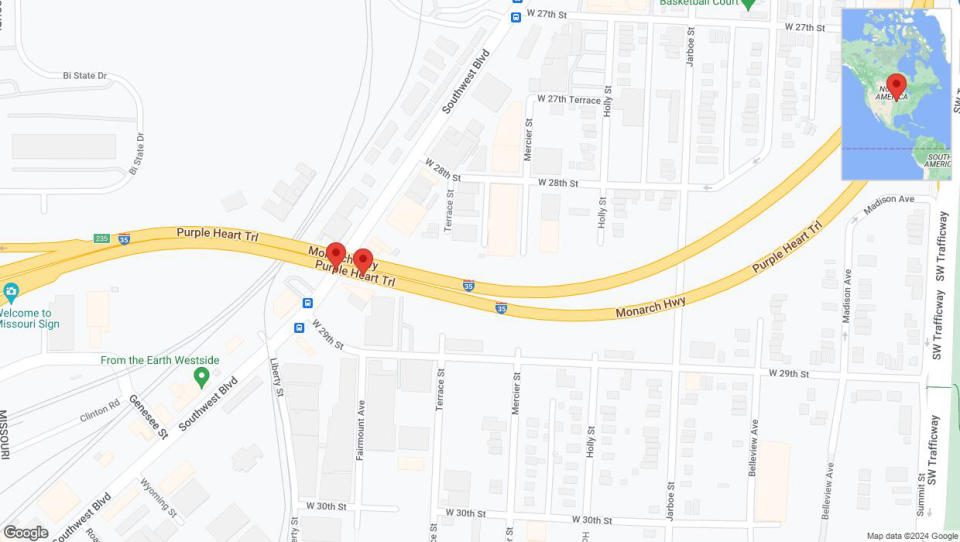 A detailed map that shows the affected road due to 'Warning in Kansas City: Crash reported on northbound I-35' on July 21st at 5:32 p.m.