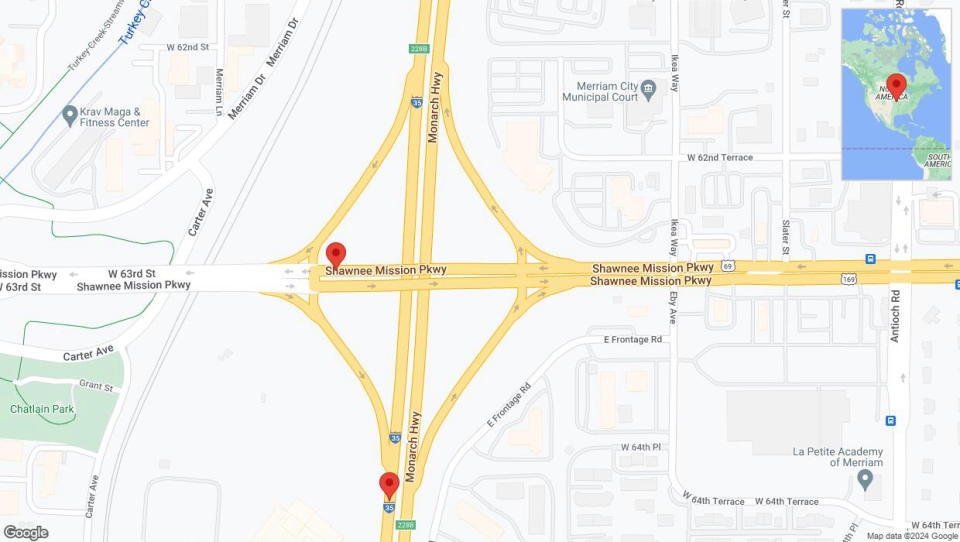 A detailed map that shows the affected road due to 'Road temporarily closed in Merriam' on July 21st at 8:24 p.m.