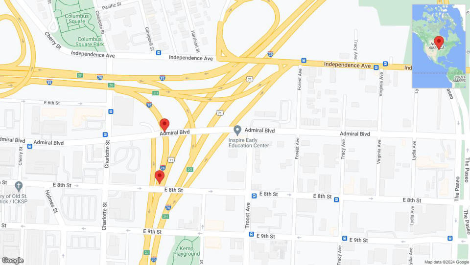 A detailed map that shows the affected road due to 'Broken down vehicle on eastbound I-70 in Kansas City' on July 21st at 1:42 p.m.