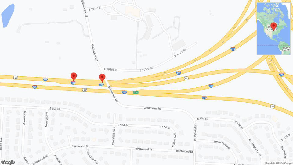 A detailed map that shows the affected road due to 'Broken down vehicle on southbound I-435 in Kansas City' on July 21st at 8:30 p.m.