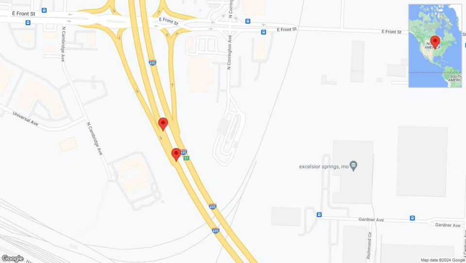 A detailed map that shows the affected road due to 'Broken down vehicle on southbound I-435 in Kansas City' on July 21st at 2:12 p.m.