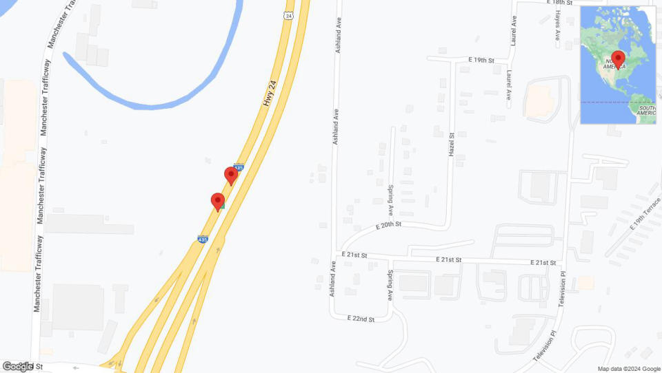 A detailed map that shows the affected road due to 'Broken down vehicle on southbound I-435 in Kansas City' on July 21st at 7:30 p.m.