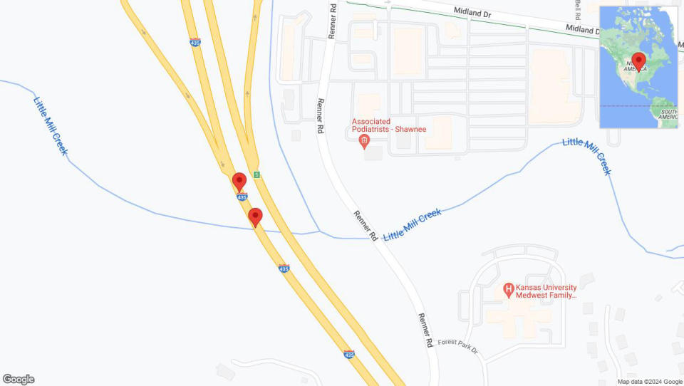 A detailed map that shows the affected road due to 'Lane on I-435 closed in Shawnee' on July 21st at 6:32 p.m.