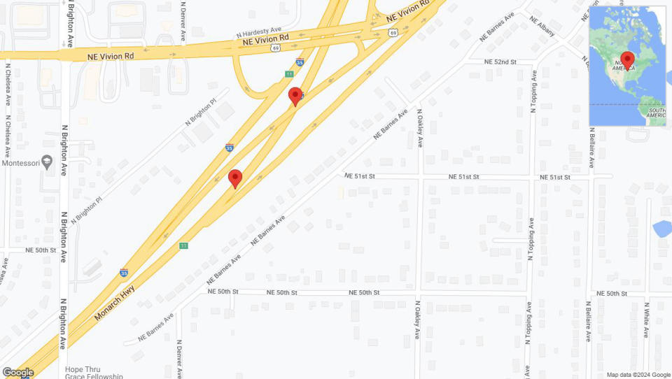 A detailed map that shows the affected road due to 'Broken down vehicle on northbound I-35 in Kansas City' on July 21st at 2 p.m.