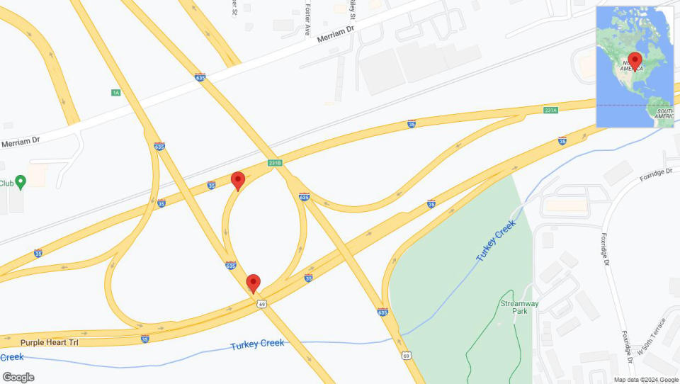 A detailed map that shows the affected road due to 'Crash reported on southbound US-69 South in Overland Park' on July 22nd at 12:09 a.m.