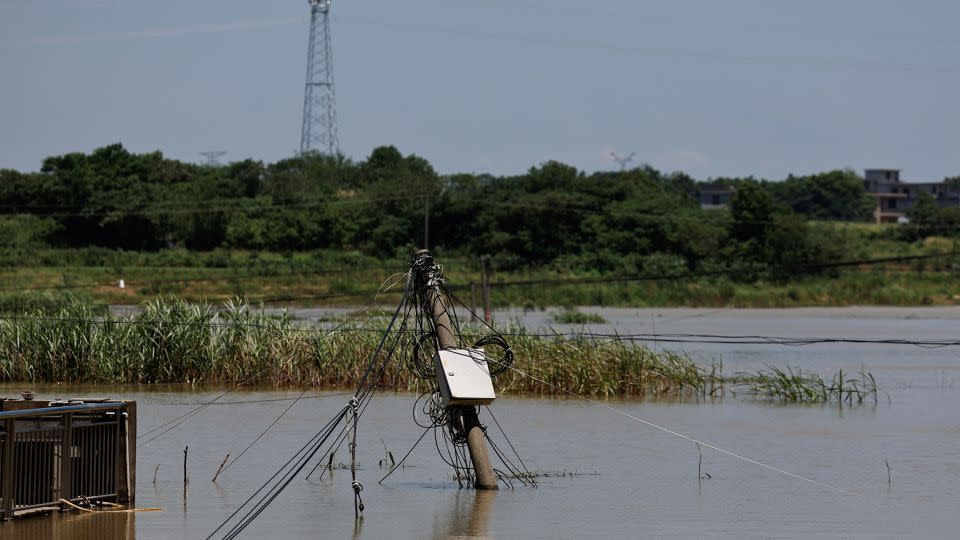 An electric pole is partially submerged at a flooded corn field in Jiangxi province on July 5. - Tingshu Wang/Reuters