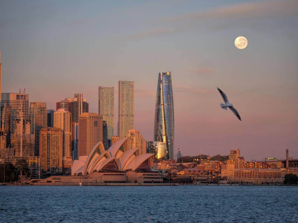 a city skyline in the background with a bright full moon in the upper right corner of the image.  A flying seagull is visible below the full moon.