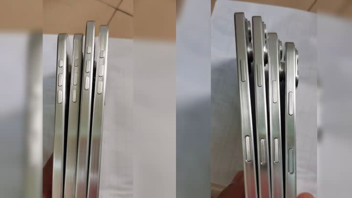 Side view of the iPhone 16 dummy models showing Action buttons and Capture buttons.