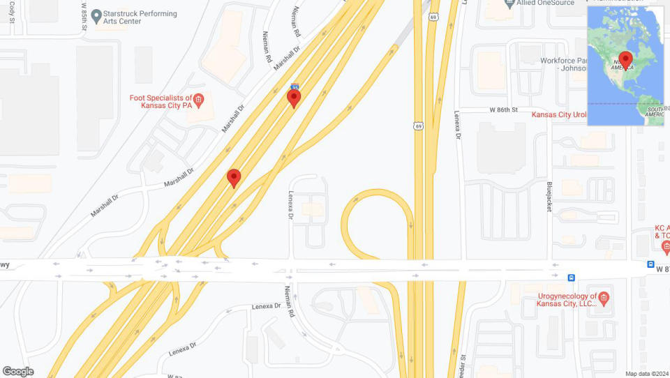 A detailed map that shows the affected road due to 'Broken down vehicle on eastbound I-35 in Lenexa' on July 24th at 8:56 p.m.