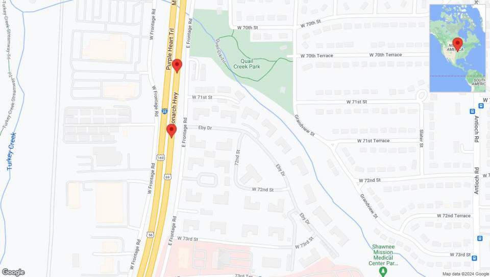 A detailed map that shows the affected road due to 'Broken down vehicle on eastbound I-35 in Merriam' on July 24th at 8:50 p.m.