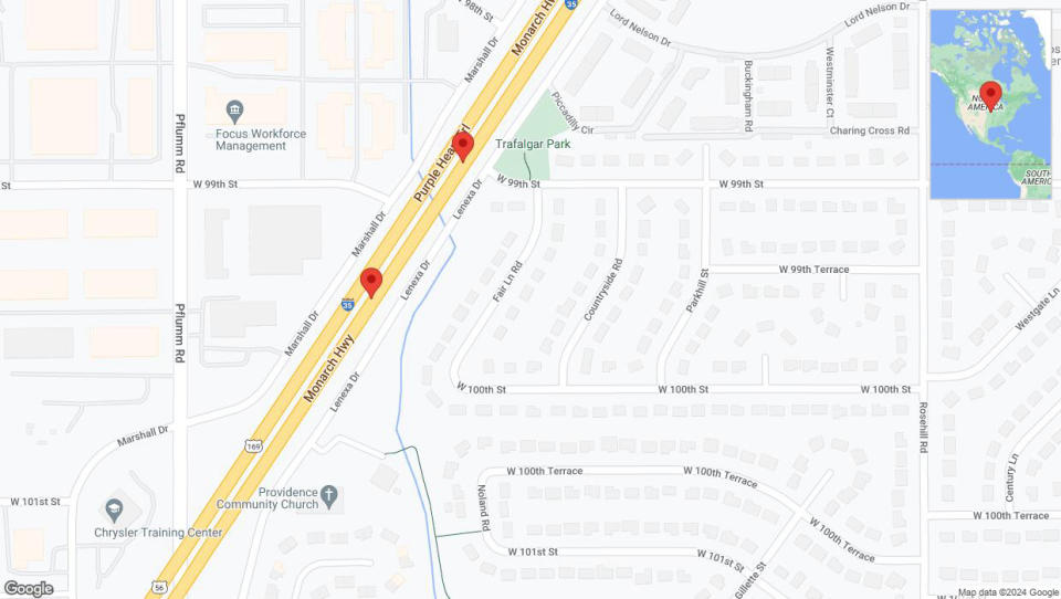 A detailed map that shows the affected road due to 'Broken down vehicle on eastbound I-35 in Lenexa' on July 24th at 9:44 p.m.