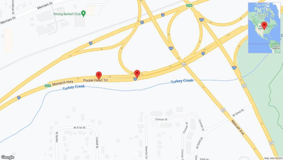 A detailed map that shows the affected road due to 'Warning: Crash on northbound I-35 in Mission' on July 24th at 3:44 p.m.